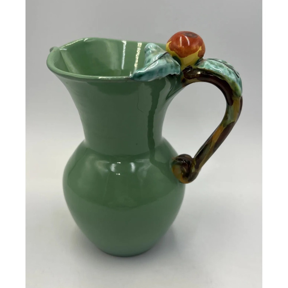 Italian Green Small Pitcher Creamer Signed Cherry Leaves Italy READ